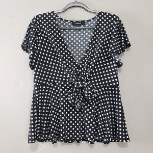 Forever 21 Plus Black Polka dot Front Bow Tie Peplum Blouse Top 0X